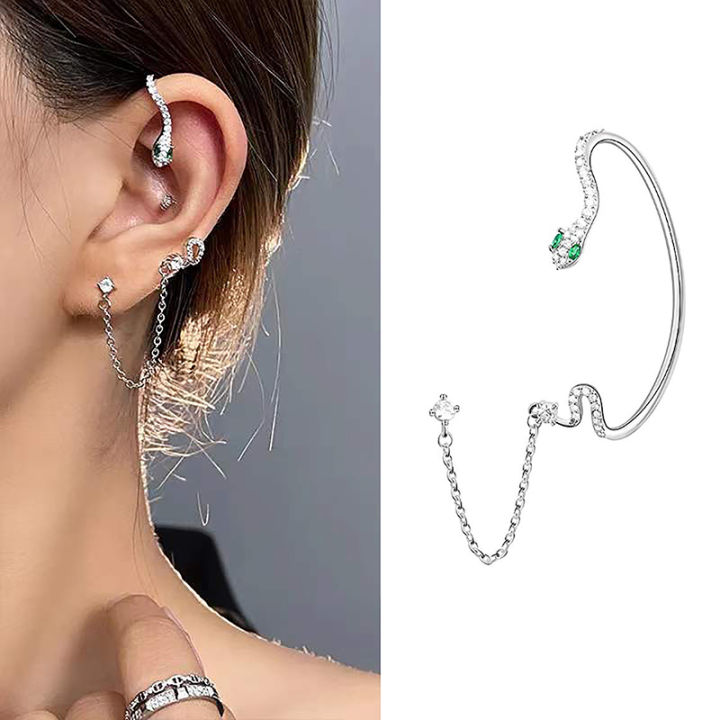 1Pcs Fashion Shiny Zircon Snake Shape Tassel Ear Cuff For Women Temperament Earring Light Luxury Cool Ear Clip Party Jewelry