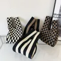 【ALLGOOD】1xKnit Handbag Handmade Knit Handbag Women Mini Knot Wrist Bag Casual Color Plaid Tote Bag Student Reusable Shopping Bags. 