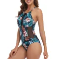 Summer Ladies One-piece Swimsuit, Adults Women Floral Leaves Printing/Solid Color Mesh Splicing Backless Swimwear. 