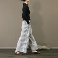 Yfashion Women Cotton Trendy Striped Wide Leg Pants Cotton Linen Loose Large Size Casual Trousers Straight Breathable Pants. 