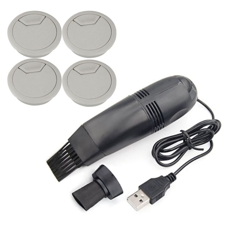4 Pcs Drill Hole Home Computer Desk Cable Cord Grommets with Mini USB Computer Cleaner Vacuum Cleaner Keyboard Brush