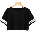 Black Women Crop T Shirt with Sleeve Two White Line Print | TT9064 , crop top for women. 
