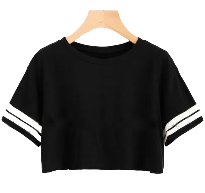 Black Women Crop T Shirt with Sleeve Two White Line Print | TT9064 , crop top for women