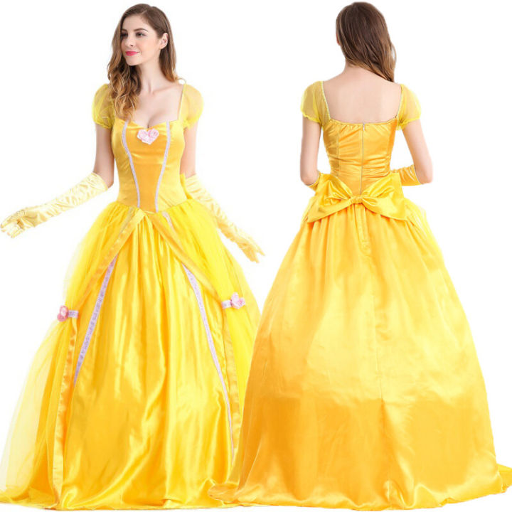FOOT SOFA】Anime Beauty and the Beast Costume Belle Princess Dresses Adult Fairy  Tale Princess Palace Dress Women Halloween Fancy Party Cosplay Dress【Free  yellow gloves】