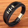 Fashion 3 Layers Black Punk Style Design Leather Bracelet for Men Stainless Steel Magnetic Button Birthday Gift Male Bracelets. 