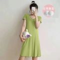 Pajamas Women's Summer One-Piece Short-Sleeved Dress with Chest Pad Mid-Length Student Cute Loungewear Can Be Worn outside. 