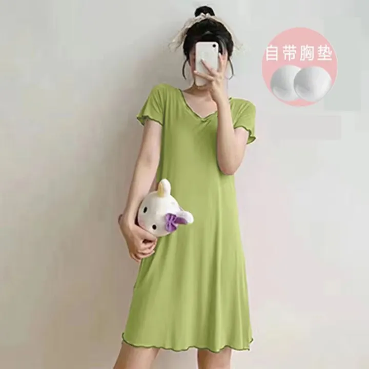 Pajamas%20Women's%20Summer%20One-Piece%20Short-Sleeved%20Dress%20with%20Chest%20Pad%20Mid-Length%20Student%20Cute%20Loungewear%20Can%20Be%20Worn%20outside%20-%20Image%209