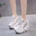 【BestGO】Girl 12.5cm/4.9 Height Chunky Sneakers Thick Bottom High Heels Breathable Mesh Wedge Shoes Woman Fashion Women ShoesDaddy shoes new all-match color matching thick-soled platform white shoes. 