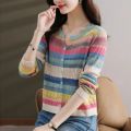 Long Sleeved Knitted Button Cardigan Women Autumn Design Rainbow Fashion Top New Korean Style Slim Short Top Stripe Trend. 