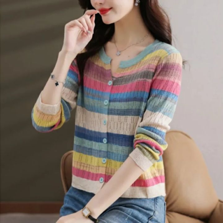 Long%20Sleeved%20Knitted%20Button%20Cardigan%20Women%20Autumn%20Design%20Rainbow%20Fashion%20Top%20New%20Korean%20Style%20Slim%20Short%20Top%20Stripe%20Trend%20-%20Image%202