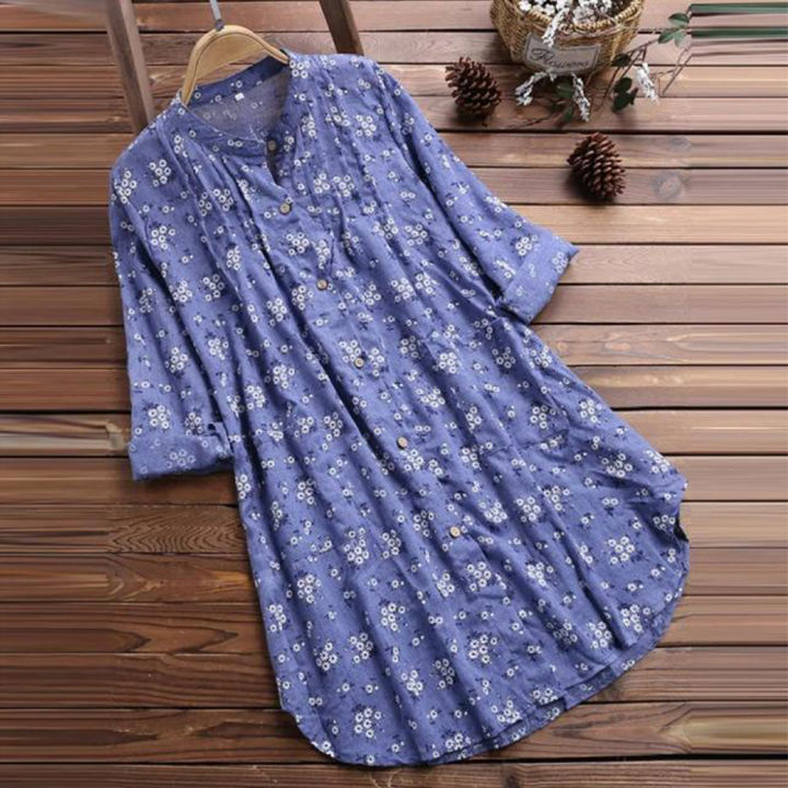 bellylady%20Women%20Cotton%20Long%20Sleeves%20Shirt%20Trendy%20V%20Neck%20Pleated%20Floral%20Printing%20Blouse%20Casual%20Large%20Size%20Cardigan%20Tops%20-%20Image%207