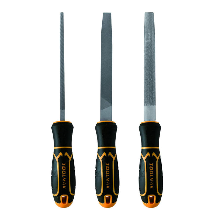 Metal File Set 3 PCS 8 Inch Steel File Set Flat/Round/Half Round with Comfortable Bi-material Handle Made of Drop-Forged and Heat-Treated T12 High-Carbon Steel - Toolmak