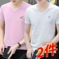 Cotton Short SleeveTMen's T-shirtVCollar Ice Silk Ice Feeling Clothes Fashion Trend2023Summer T-shirt Men's Elbow-Sleeved Top. 