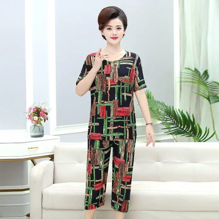 Mother's%20Day%20New%20Mom%20Summer%20Ice%20Silk%20Two-Piece%20Suit%20Middle-Aged%20and%20Elderly%205060%20Age-Old%20Loose%20Fashion%20Ice%20Silk%20Suit%20-%20Image%204