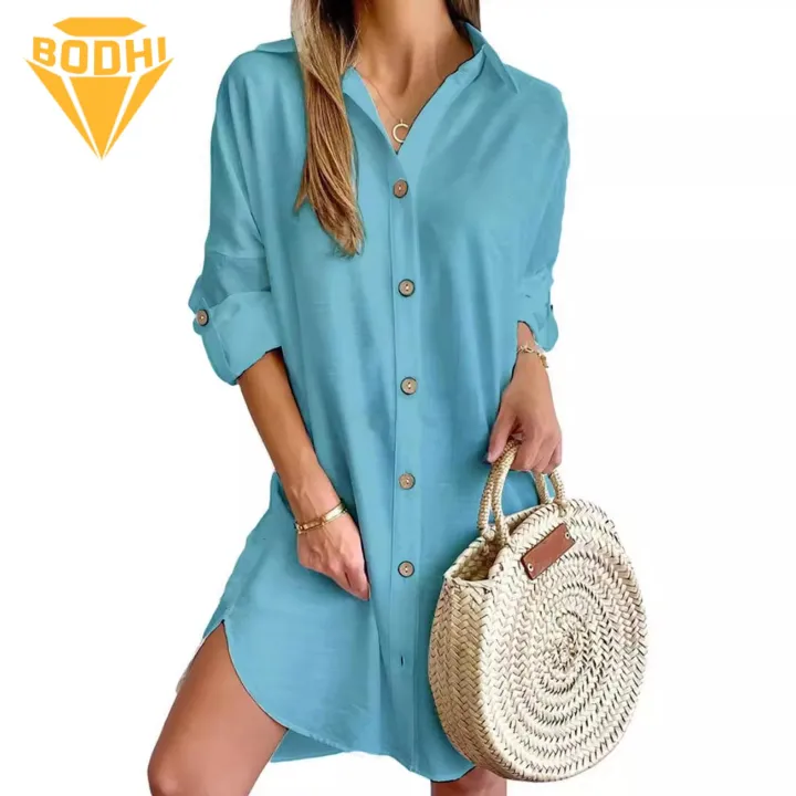 Women Shirt Dress Chic Long Sleeve Mini Dress for Office Daily Wear Loose Fit Solid Color Shirt Dress with Irregular Hemline Women Long Sleeve Shirt Dress