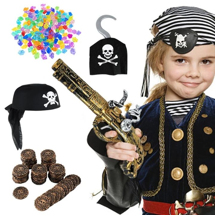 Pirate Theme Birthday Party Decor Pirate Hat Pirate Hook Plastic Coin Pirate Cosplay Props Realistic Toy Gun Gift For Kids