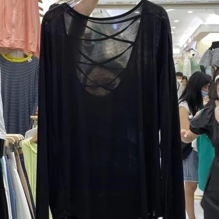 Beach%20Blouse%20Loose%20Cross%20Back%20Long%20Sleeve%20Thin%20Sneaky%20Design%20Backless%20Sun%20Protection%20T%20T-shirt%20Women's%20Summer%20Pullover%20Air%20Conditioner%20-%20Image%203