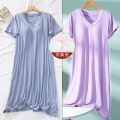 2023New Padded Nightdress Women's SummerVCollar Thin Bra-Free Loose Large Size Short Sleeve Home Wear. 