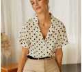 Women’s White Polka Dot Short Sleeve Shirt – Button-Down Casual Blouse. 