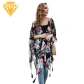 Summer Beach Smock Boho Floral Print Beach Cover-up with Tassels Lightweight Sun Protection for Bikini Swimsuit Perfect for Beach Holidays Flower Print Beach Smock. 