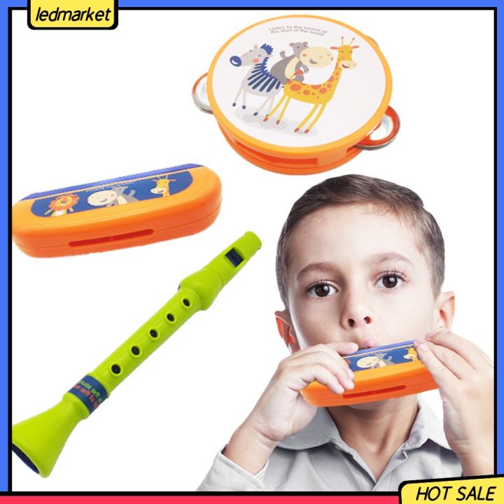LEDjy_3Pcs/Set Cartoon Animal Kids Harmonica Flute Tambourine Musical ...