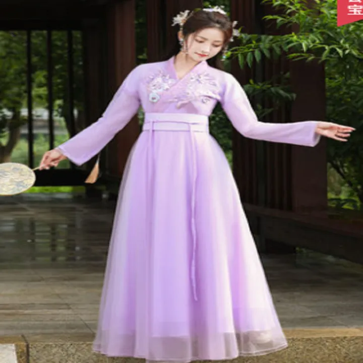Women's Costume Improved Hanfu Fairy Elegant Ancient Style Chorus Dance Costume Cross Collar Waist Dress Full Set Summer