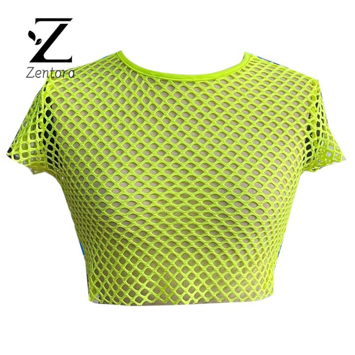 Zentora Sun Protection Crop Top Stylish Sheer Mesh Crop Top O-neck Short Sleeve Slim Fit Tee Shirt for Fashionistas Women Cropped Tops