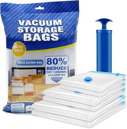 Vacuum Storage Bag for Clothes 5-Pack 1-pump Vacuum Storage Bags with Seal Valve and Hand Pump Large Vacuum Compression Bag 80% less space Storage, for Clothes, Duvets, Bedding, and Pillows