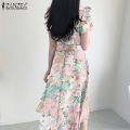 【WEJA】 Korean Style Womens Floral Printed A-Line Sundress Elegant V-Neck Collect Waist Dress #11. 