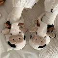 【ZIME】Women's Cartoon Cute Cow House Slippers Warm Plus Lined Closed Toe Fuzzy Home Slides Women's Fluffy Comfy Shoes Winter Autumn. 