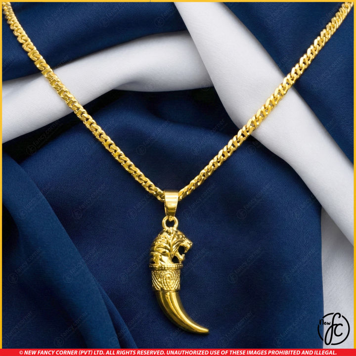 Premium Gold Plated Machine Cut Chain with Tiger Tooth Pendant - 18 to 24 Inch Men's Fashion Necklace & Stylish Lion Head Jewelry for Men and Boys (FC-MCP)
