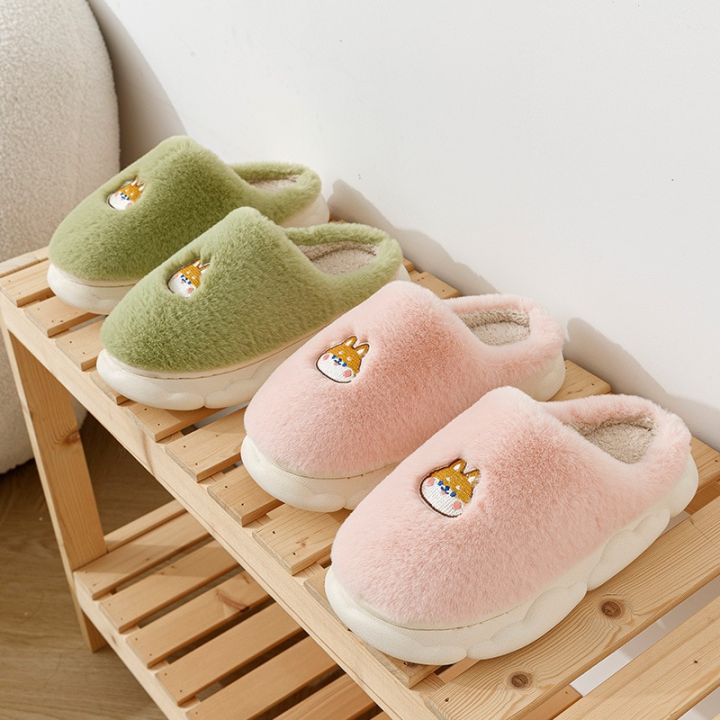 2022 Winter New Cotton Slippers Indoor Thickening Warm Cotton Shoes Solid Color Cartoon Embroidery Home Non-slip Women Slippers