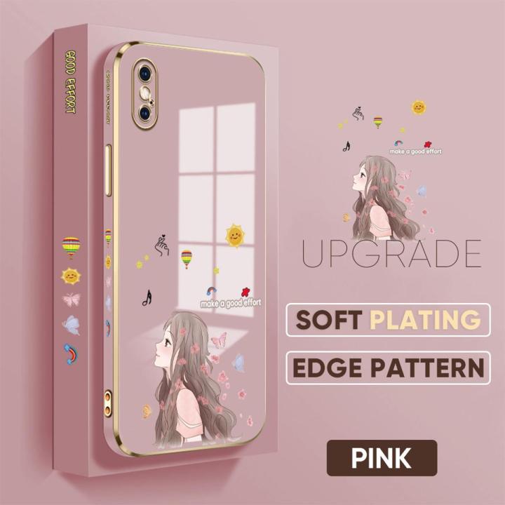 TA for iPhone X XS Back Cover + Free Lanyard Charming Girl Luxury 6D Plating Case Side Pattern Soft Silicone Square Phone Cases for Girls