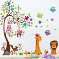 Colorful Flower And Green Leaves Tree Wall Sticker Cartoon Animals Wallpaper Home Decor For Kid's living Room Bedroom Wall Decal. 