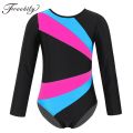 【Blue Rose Red XL】 Children Girls Long Sleeve Gymnastics Leotard Jumpsuit Color Block Cutout Ballet Leotards Acrobatics Kids Dance. 