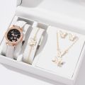 6pcs Luxury Watch Women Ring Necklace Earrings Bracelet Set Watches Butterfly Leather Strap No Box. 