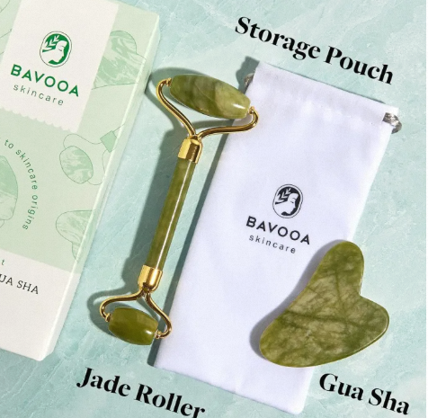 Spa Grade Face Roller Massager and Gua Sha Massage Tool Set. 100% Authentic Jade Stone. Reduces Puffiness, Wrinkles and Reveals Your Natural Glow