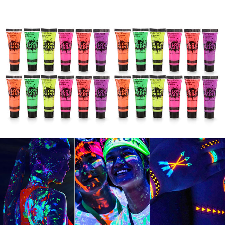 6/24 Tubes 10ml/0.34oz Art Body Paint Glow in UV Light Face & Body Paint with 6 Colors Glow Blacklight Neon Fluorescent for Party Clubbing Festival Halloween Makeup