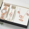 Diamond Casual Fashion Watch for Women - 6pc Dainty Quartz Watch Heart Jewelry Set with Double Heart Necklace Bracelet Earrings Ring. 