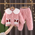pajamas for kids Children's flannel pajamas, winter three-layer plush loungewear for boys and girls, plush loungewear, hooded coral velvet thick set. 