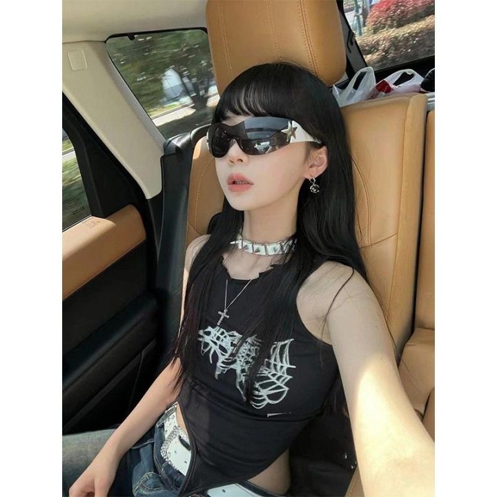 High-End Design Lace-up American Vintage Punk Style Sleeveless Cold-Shoulder Camisole Niche Asymmetric Top for Women