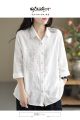 Yfashion Women Cotton Long Sleeves Blouse Trendy Retro Solid Color Embroidery Shirt Loose Single Breasted Cardigan Tops. 