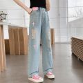 Girls' Ripped Jeans 2024 Summer New Internet Celebrity Girls' Retro Loose Thin Children's Narrow Wide-Leg Pants. 