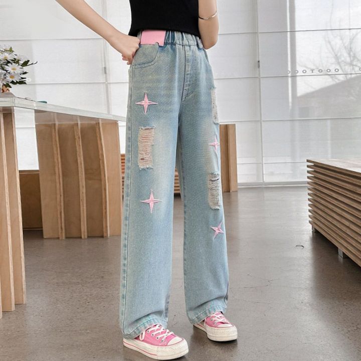 Girls'%20Ripped%20Jeans%202024%20Summer%20New%20Internet%20Celebrity%20Girls'%20Retro%20Loose%20Thin%20Children's%20Narrow%20Wide-Leg%20Pants%20-%20Image%209