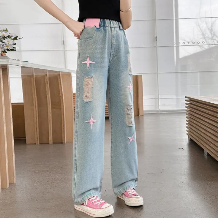 Girls'%20Ripped%20Jeans%202024%20Summer%20New%20Internet%20Celebrity%20Girls'%20Retro%20Loose%20Thin%20Children's%20Narrow%20Wide-Leg%20Pants%20-%20Image%209