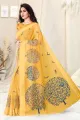 Women's Cotton Blend Satin Woven Border Designer Madhubani Printed Saree with Blouse Piece (Mustard). 