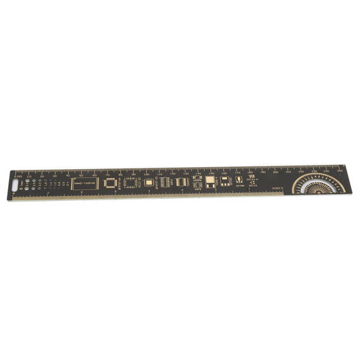 Printed circuit board ruler printed -plated R-4 25 cm for electronics enthusiasts measuring inches and millimeters.