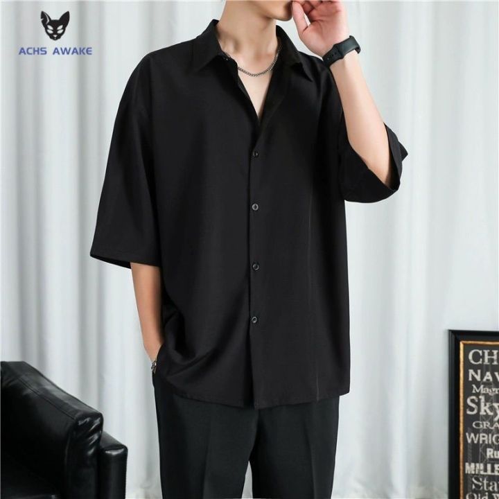 ACHS%20AWAKE%20Black%20Shirt%20Men's%20Short-Sleeved%20Summer%20Senior%20Pu%20Handsome%20Men's%20Casual%20Men's%20Clothing%20White%20Shirt%20Trendy%20Boys%20-%20Image%206