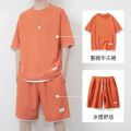 Waffle Summer Ice Silk Short Sleeve T T-shirt Suit Boys Breathable Knee Length Pants Casual Sports Trendy Simple. 