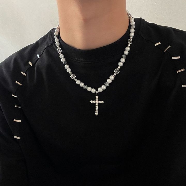 Time Offer】Reflective Pearl Stitching Cross Niche Clavicle Chain Men's Hip Hop Style Women's Chain